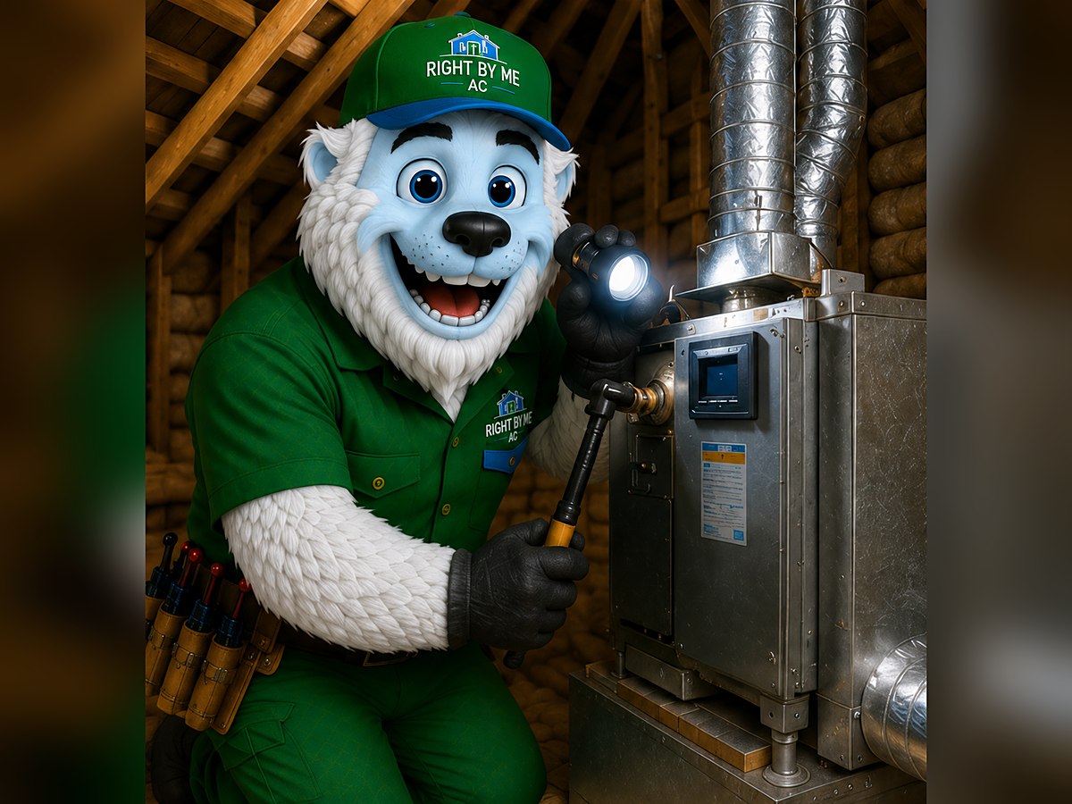 Right by Me AC mascot inspecting ductwork