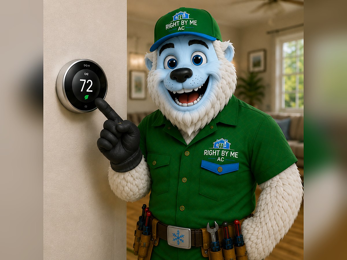 Right by Me AC mascot performing a maintenance tune-up