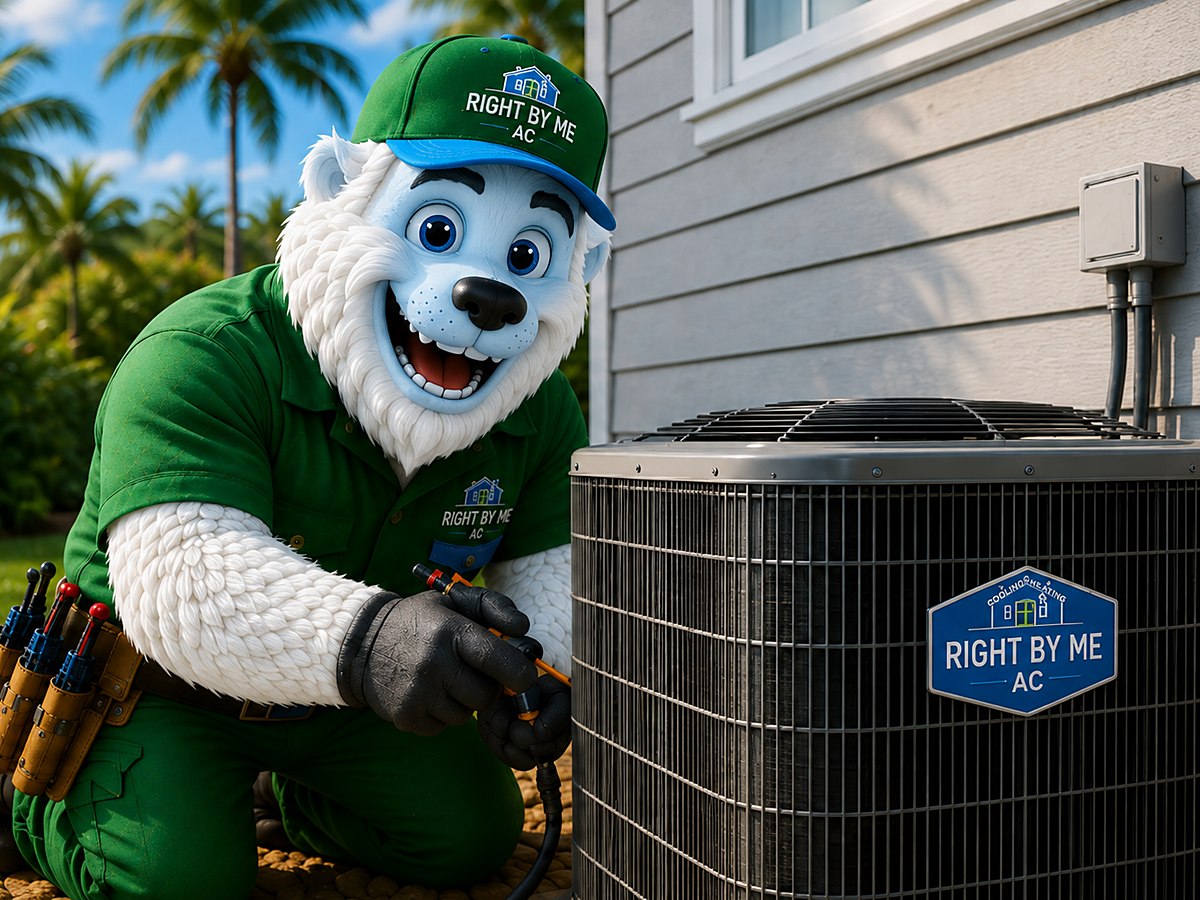 Right by Me AC mascot diagnosing an air conditioner